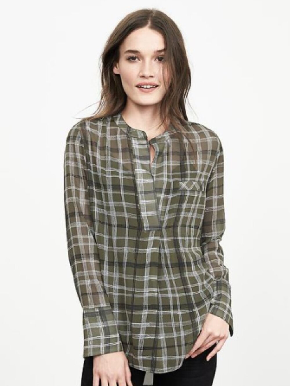 Banana Republic Sheer Olive Green Plaid Blouse With Split Neckline Size Medium